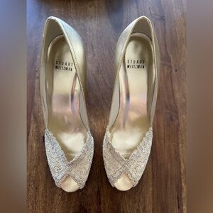 Stuart Weitzman Gold Lace Peep-Toe Heels